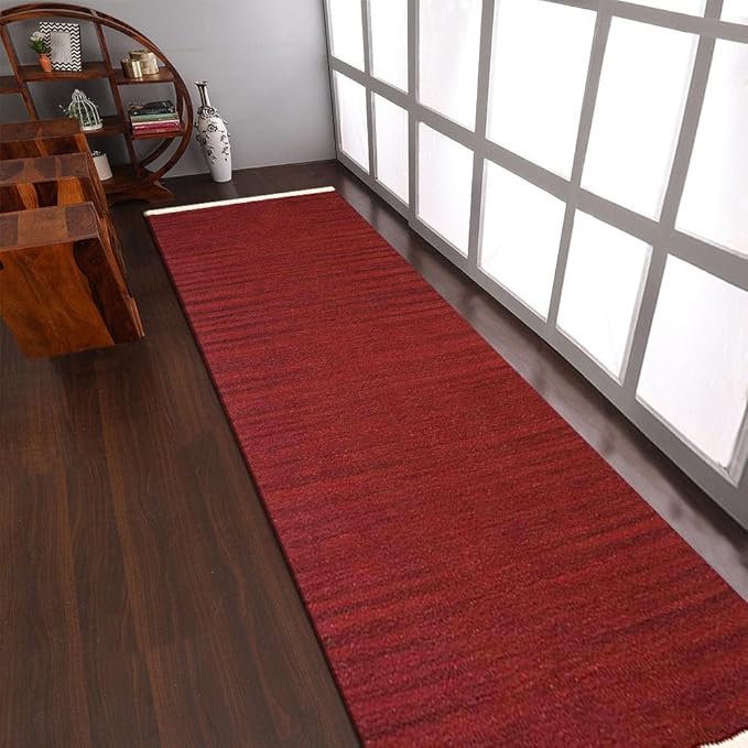 Rugsotic Carpets Hand Woven Flat Weave Kilim Wool ECO-Friendly Area Rugs - 2'6''x10', Runner Shape, Burgundy Color, Solid Plain Design, Low Pile Handmade Rugs for Living Room, Bed Room (D00111)
