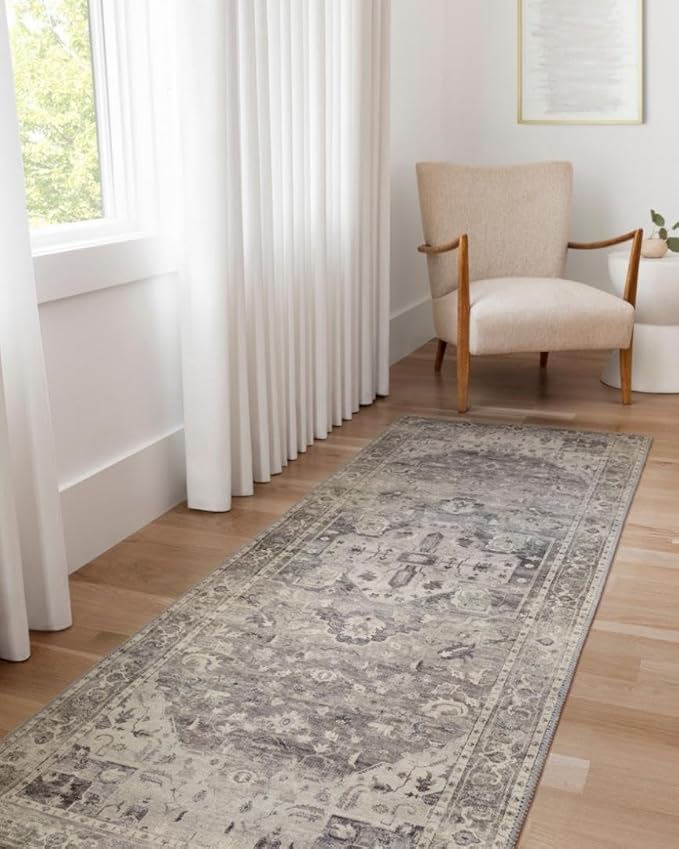 Loloi Hathaway Collection HTH-05 Steel/Ivory 2'-6" x 7'-6", .25" Thick Runner Rug, Soft, Durable, Printed, Modern, Low Pile, Non-Shedding, Easy Clean, Living Room Rug