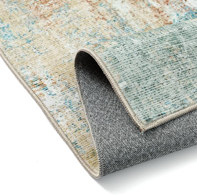 10x12 Area Rug Teal Beige Abstract Living Room Bedroom Washable Carpet Neutral Modern Non-Slip Soft Low Pile Lightweight Vacuumable Large Throw Rug for Dining Room