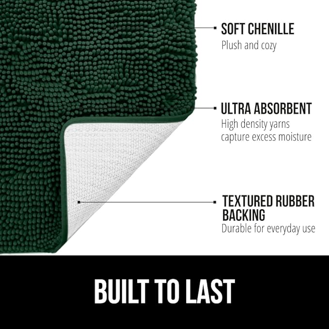 GORILLA GRIP Bath Rug Mat 30x20, Thick Soft Absorbent Chenille, Quick Dry Microfiber Mats, Rubber Backing Washable Shower Floor Rugs, US Designed Bathroom Bathmat Home Decor Accessories, Hunter Green