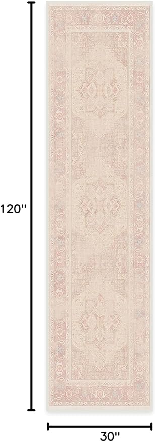 RUGGABLE Washable Runner Rug – Kamran Soft Pink 2.5x10, Stain-Resistant, Non-Slip Hallway Runner – Machine Washable Rug for Hallway, Entryway, Living Room & Kitchen–with Standard Pad