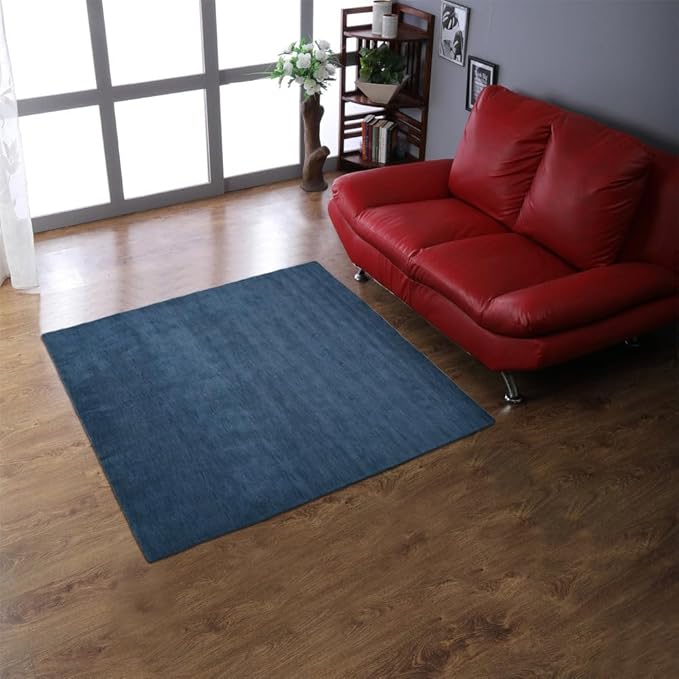 Hand Knotted Loom Wool ECO-Friendly Area Rugs - 6'x6', Square, Blue Color, Solid Plain Design, High Pile Thick Handmade Anti Skid Area Rugs for Living Room, Bed Room (L00111)
