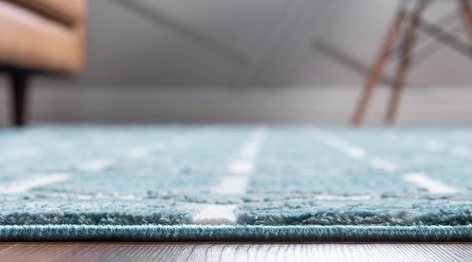 Rugs.com Lattice Trellis Collection Rug – 10 Ft Runner Blue Low-Pile Rug Perfect for Hallways, Entryways