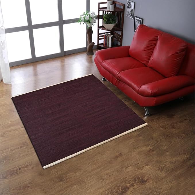 Rugsotic Carpets Hand Woven Flat Weave Kilim Wool ECO-Friendly Area Rugs - 6'x6', Square Shape, Plum Color, Solid Plain Design, Low Pile Handmade Area Rugs for Living Room, Bed Room (D00111)