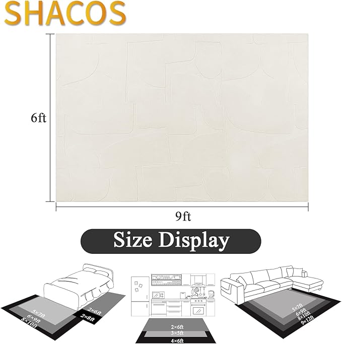 SHACOS Soft Cozy Fluffy Abstract Geometric High Low Pile Area Rugs 6'x9' Non Slip Washable Scandinavian Minimalist Rug Modern Carpet for Living Room Bedroom Dining Room, Cream