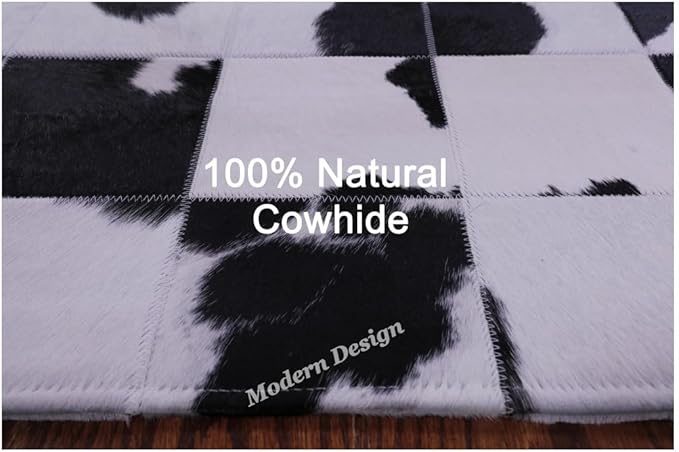 Modern Design Premium Cowhide Leather Carpet with Chevron Pattern, Area Rug (Black/White, 8x10)