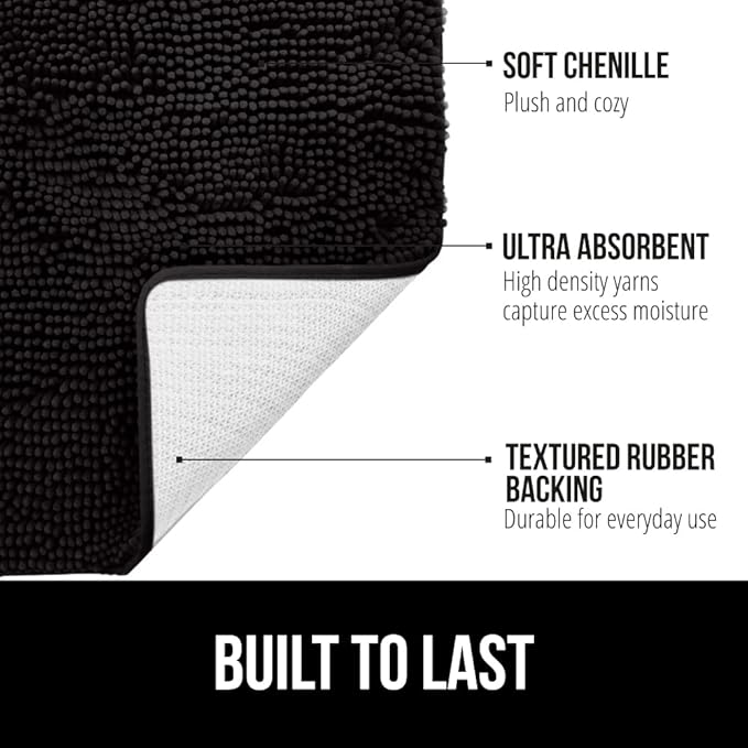 GORILLA GRIP Bath Rug Mat 54x24, Thick Soft Absorbent Chenille, Quick Dry Microfiber Mats, Rubber Backing Washable Shower Floor Rugs, Bathmat Runner, US Designed Bathroom Home Decor Accessories Black