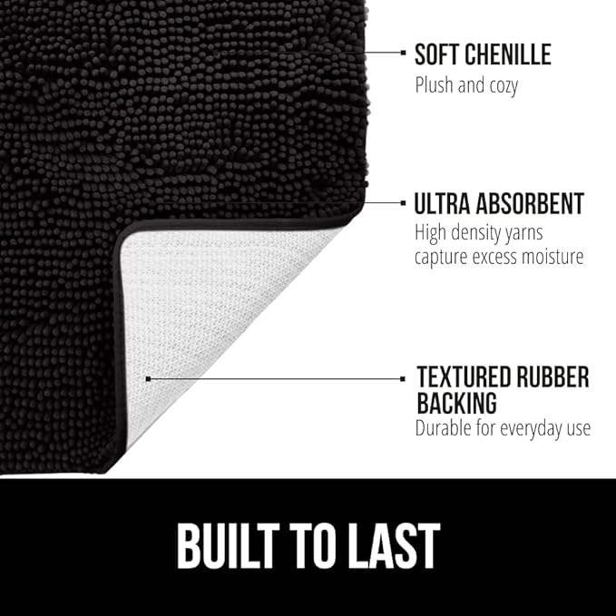 GORILLA GRIP Bath Rug Mat 70x24, Thick Soft Absorbent Chenille, Quick Dry Microfiber Mats, Rubber Backing Washable Shower Floor Rugs, Bathmat Runner, US Designed Bathroom Home Decor Accessories Black