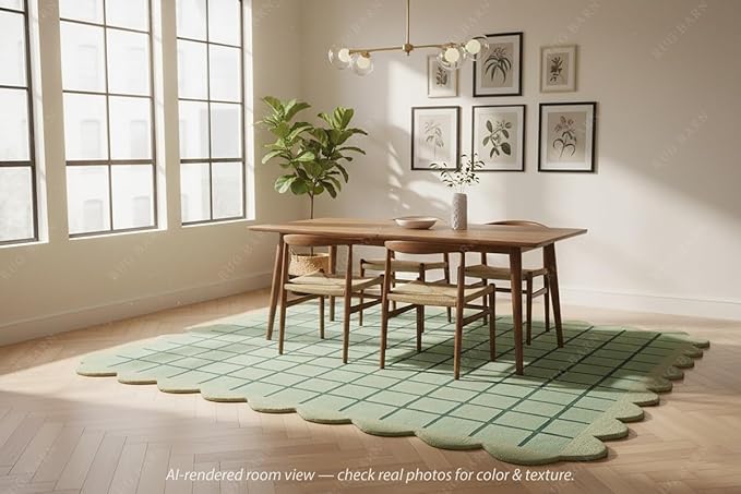 Mint Green Scalloped Edge Wool Area Rug with Checker Grid Design, Hand-Tufted Soft Carpet for Living Room, Bedroom, Nursery, Kids & Playroom Décor - 5x5 Ft (Round)