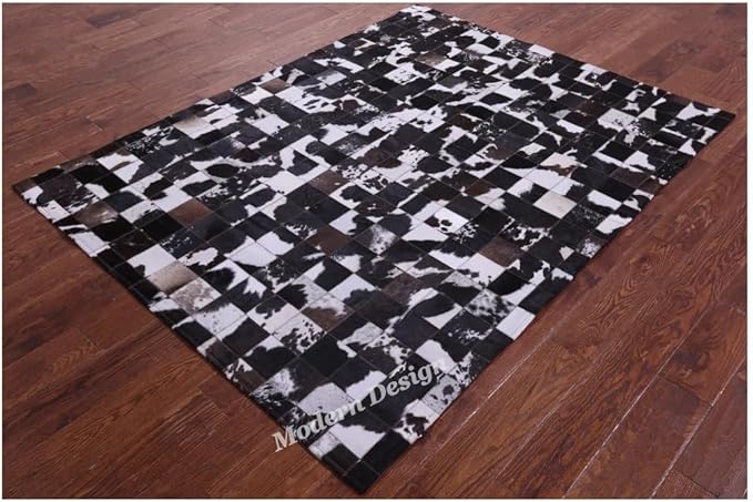Modern Design Premium Cowhide Leather Carpet with Chevron Pattern, Area Rug (Brown/White-2, 10x14)