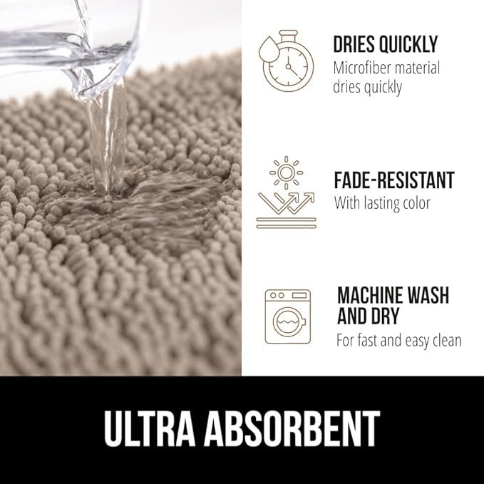 GORILLA GRIP Bath Rug Mat 60x24, Thick Absorbent Chenille, Quick Dry Microfiber Mats, Rubber Backing Washable Shower Floor Rugs, Bathmat Runner, US Designed Bathroom Home Decor Accessories Gray Beige