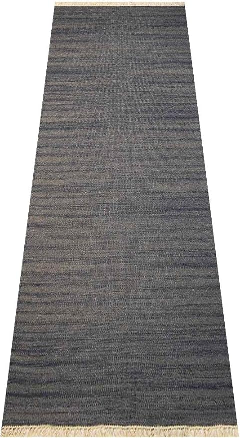Rugsotic Carpets Hand Woven Flat Weave Kilim Wool ECO-Friendly Area Rugs - 2'6''x12', Runner Shape, Silver Color, Solid Plain Design, Low Pile Handmade Rugs for Living Room, Bed Room (D00111)