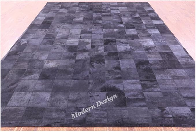 Modern Design Premium Cowhide Leather Carpet with Chevron Pattern, Area Rug (Black, 2x3)