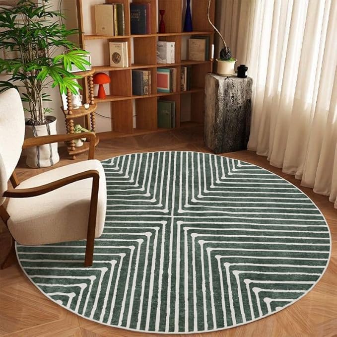 GLN Rugs Contemporary Collection - Machine Washable Area Rug, Contemporary Washable, Non Slip, Low Pile Chenille Rug, Living Room, Bedroom, Kitchen Rug (5'3" Round Beige Green)