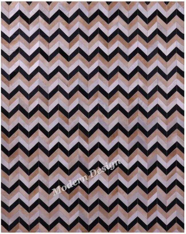 Modern Design Premium Cowhide Leather Carpet with Chevron Pattern, Area Rug (Beige/Black/Grey/Ivory, 2x3)