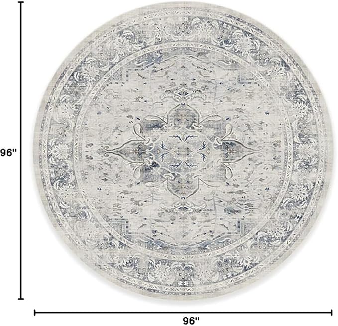 RUGGABLE Washable Vintage Area Rug – Sarrah Blue Quartz 8 ft Round, Stain-Resistant, Non-Slip – Large Machine Washable Rugs for Living Room, Bedroom, Hallway, Entryway & Office–with Standard Pad