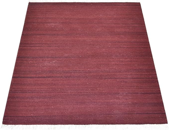 Rugsotic Carpets Hand Woven Flat Weave Kilim Wool ECO-Friendly Area Rugs - 5'x8', Rectangle Shape, Dark Red Color, Solid Plain Design, Low Pile Handmade Rugs for Living Room, Bed Room (D00111)