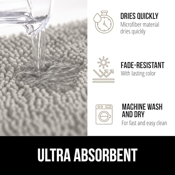 GORILLA GRIP Plush Absorbent Shaggy Chenille Bath Rug Mat for Oval Toilet Base with Rubber Backing, Machine Washable Rugs, Soft Microfiber Contour Mats for Toilets, Bathroom Decor, Lt Gray