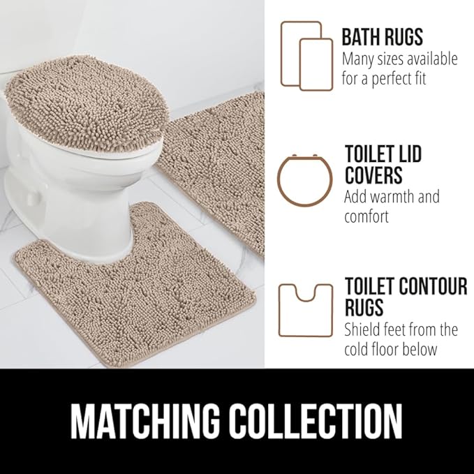 GORILLA GRIP Plush Absorbent Shaggy Chenille Bath Rug Mat for Oval Toilet Base with Rubber Backing, Machine Washable Rugs, Soft Microfiber Contour Mats for Toilets, Bathroom Decor, Gray Beige