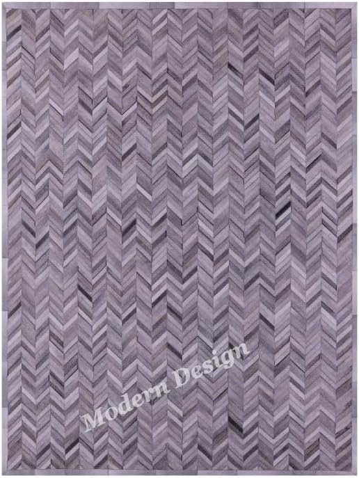 Modern Design Premium Cowhide Leather Carpet with Chevron Pattern, Area Rug (Natural Multi Grey, 3x12)