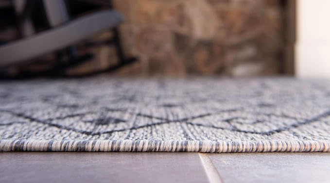 Unique Loom Outdoor Trellis Collection Area Rug - Tribal Trellis (2' x 6' 1" Runner, Gray/ Black)