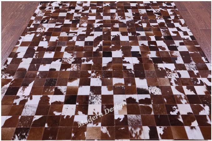 Modern Design Premium Cowhide Leather Carpet with Chevron Pattern, Area Rug (Brwon/White, 3x14)