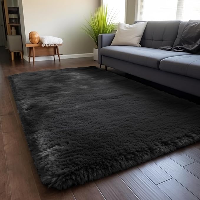Zentavio Black Area Rugs for Living Room Bedroom 5x8 Large Men Room Carpet Fluffy Furry Shag Aesthetic Plush High Pile Floor Rug for Nursery Kids Room Dorm Home Decor