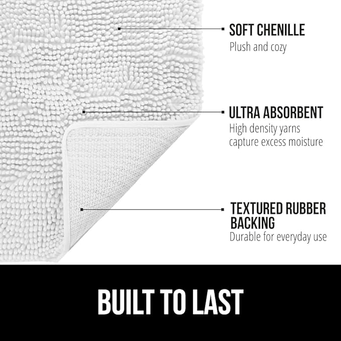 GORILLA GRIP Bath Rug Mat 60x24, Thick Soft Absorbent Chenille, Quick Dry Microfiber Mats, Rubber Backing Washable Shower Floor Rugs, Bathmat Runner, US Designed Bathroom Home Decor Accessories White