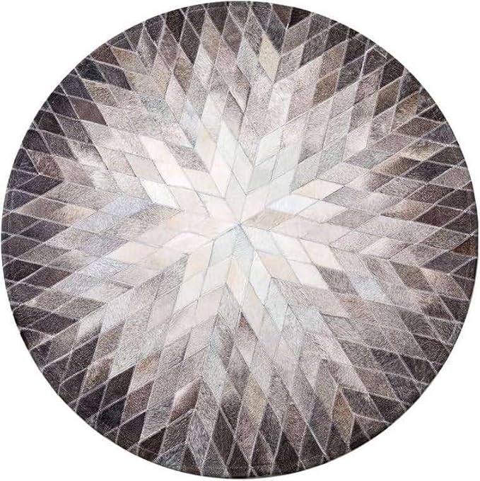 Cowhide Hairon Leather Round Rug, Geometric Patterned Circle Carpet for Living Room, Bedroom, Hall, Brown, 10×10ft