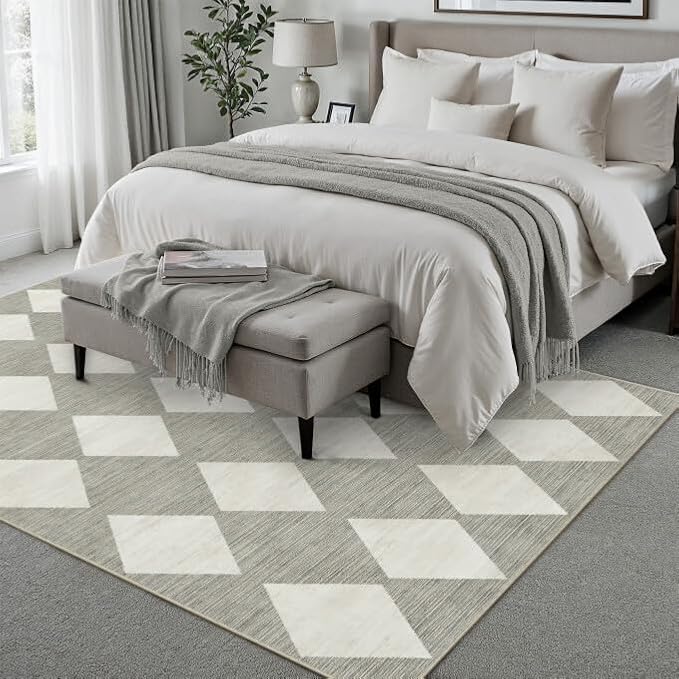 5x7 Checkered Area Rugs for Living Room Grey Machine Washable Large Rug Non-Slip Stain Resistant Low Pile Boho Accent Indoor Throw Carpet for Office Bedroom Dining Room Classroom