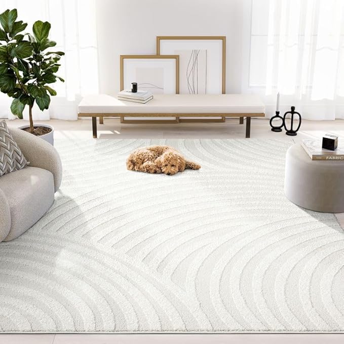 Abani Nomad Cream Tone-on-Tone Area Rug 8' x 10' for Living Room, Bedroom - Linear Curves Pattern - Durable & Easy to Clean