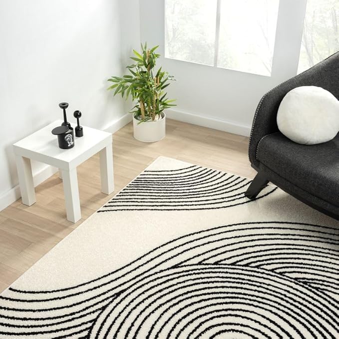 Abani Nuevo Beige Black Swirls Modern Area Rug 6' x 9' for Living Room, Bedroom - Abstract Design - Durable & Easy to Clean