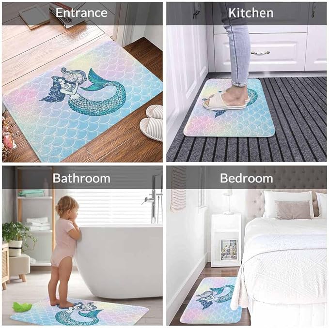 Mermaid with Harp Bath Mat for Bathroom Colorful Fantasy Scales Unicorn Pink Gradient Texture Bath Rugs Door Mat Non Slip Rubber Backed Bathroom Floor Mat for Bathtub Sink Shower 16"X24"