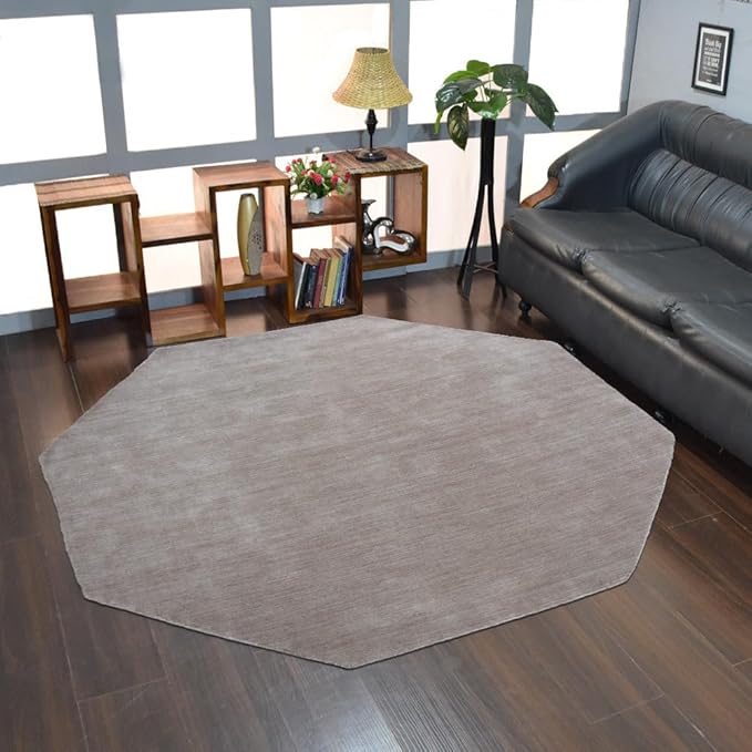 Hand Knotted Loom Wool ECO-Friendly Area Rugs - 8'x8', Octagon, Beige Color, Solid Plain Design, High Pile Thick Handmade Anti Skid Area Rugs for Living Room, Bed Room (L00111)