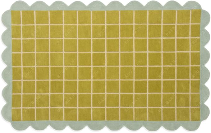 Checkered Wool Area Rug with Scalloped Border, Chartreuse Green & Cream Grid, Hand-Tufted, Soft Cut Pile, Modern Cottagecore Living Room, Bedroom & Nursery Carpet - 6x6 Ft (Round)