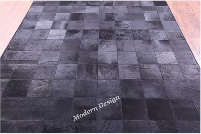 Modern Design Premium Cowhide Leather Carpet with Chevron Pattern, Area Rug (Black, 3x10)
