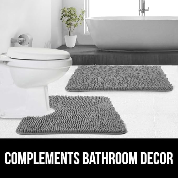 GORILLA GRIP Plush Absorbent Shaggy Chenille Bath Rug Mat for Oval Toilet Base with Rubber Backing, Machine Washable Rugs, Soft Microfiber Contour Mats for Toilets, Bathroom Decor, Grey