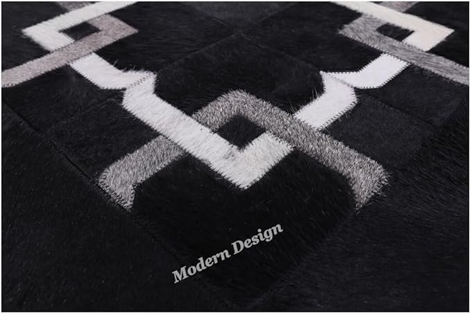Modern Design Premium Cowhide Leather Carpet with Chevron Pattern, Area Rug (Black/Grey/White, 3x10)