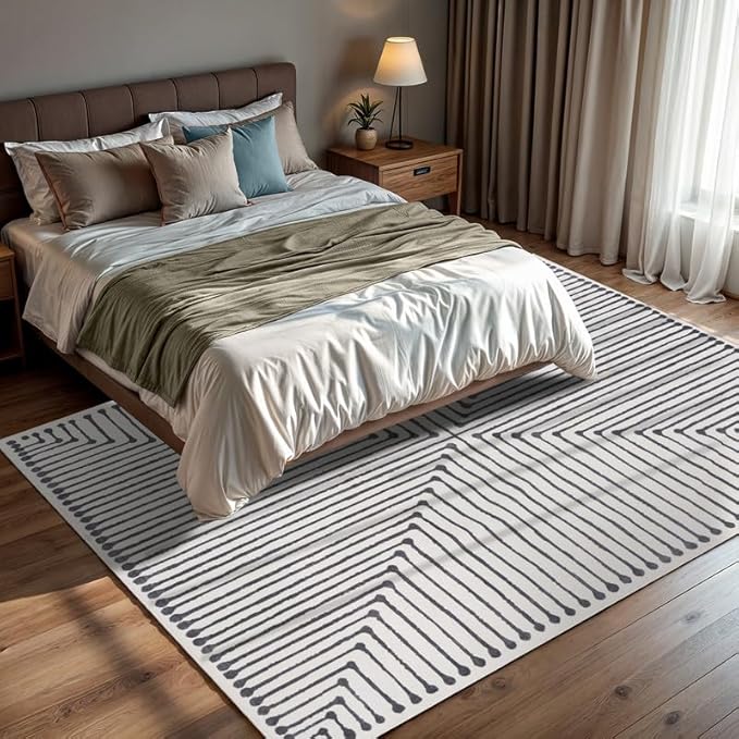GLN Rugs Contemporary Collection - Machine Washable Area Rug, Contemporary Washable, Non Slip, Low Pile Chenille Rug, Living Room, Bedroom, Kitchen Rug (8' x 10' Black Beige)