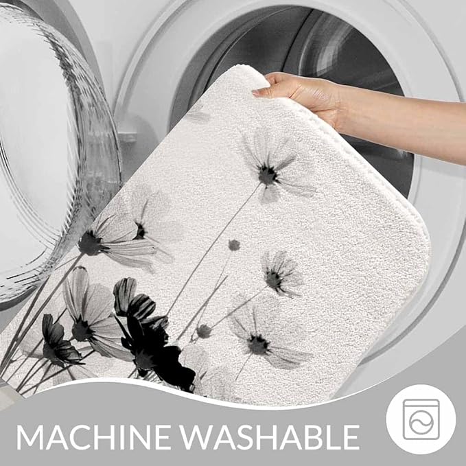 Cosmos Flowers Bath Mat for Bathroom Black and White Pattern Bath Rugs Door Mat Non Slip Rubber Backed Bathroom Floor Mat for Bathtub Sink Shower 20"X32"