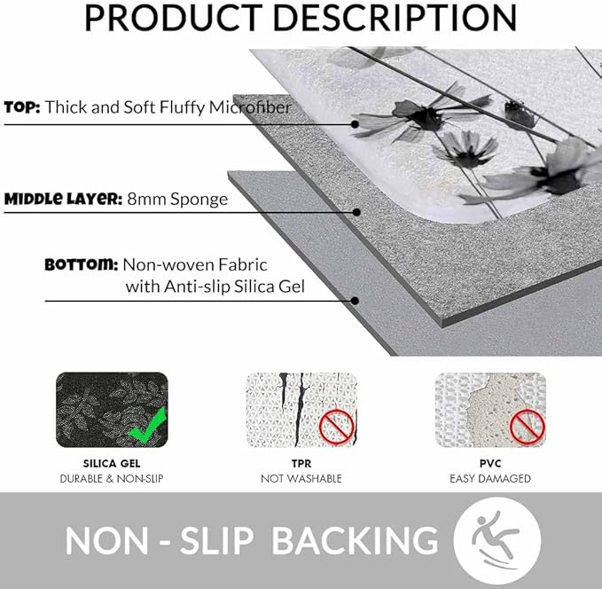 Cosmos Flowers Bath Mat for Bathroom Black and White Pattern Bath Rugs Door Mat Non Slip Rubber Backed Bathroom Floor Mat for Bathtub Sink Shower 20"X32"