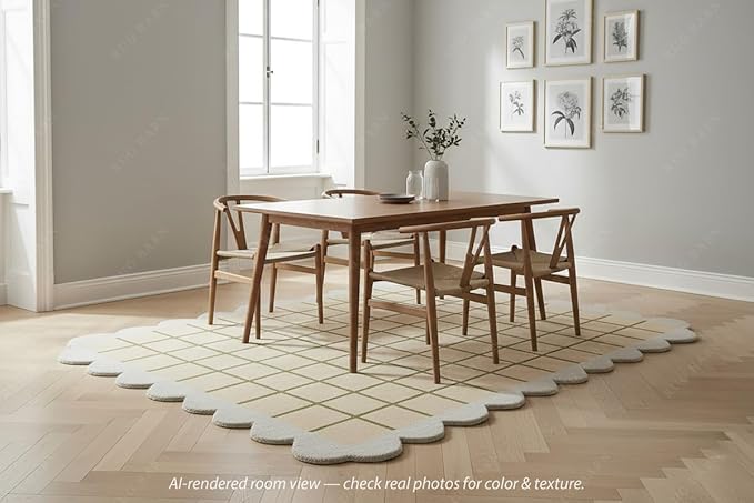 Scalloped Border Wool Area Rug with Windowpane Grid, Hand-Tufted, Beige-Blush with Sage Lines & Light Purple Edge - Soft High-Low Pile for Living Room, Bedroom, Nursery - 9x9 Ft (Square)