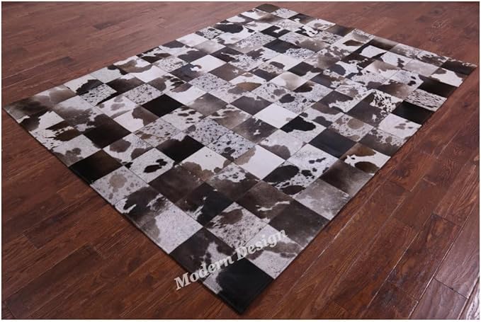 Modern Design Premium Cowhide Leather Carpet with Chevron Pattern, Area Rug (D.Brown/White, 6x9)