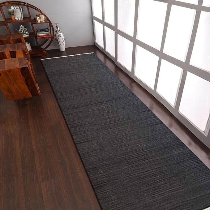 Rugsotic Carpets Hand Woven Flat Weave Kilim Wool ECO-Friendly Area Rugs - 2'6"x8', Runner Shape, Charcoal Color, Solid Plain Design, Low Pile Handmade Rugs for Living Room, Bed Room (D00111)