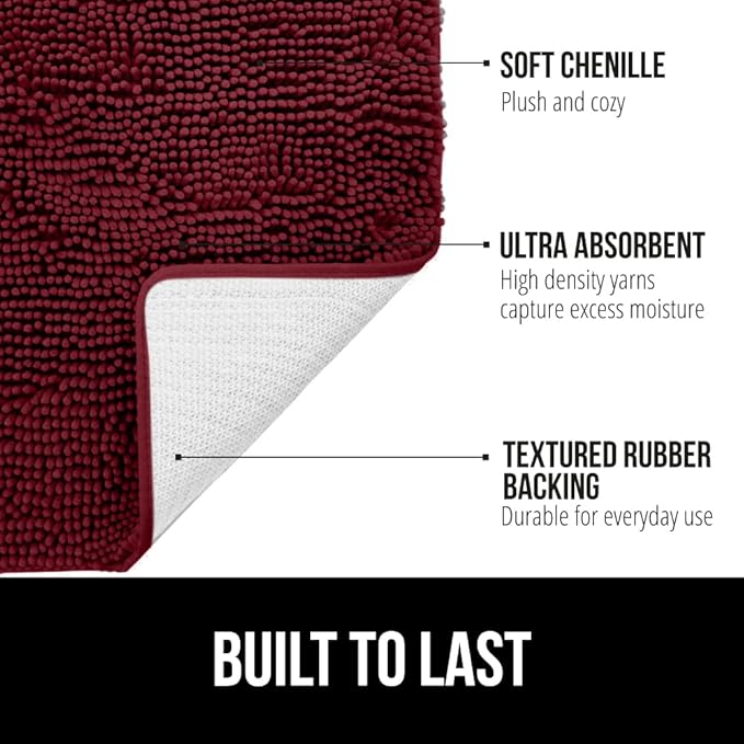 GORILLA GRIP Bath Rug Mat 48x17, Soft Absorbent Chenille, Quick Dry Microfiber Mats, Rubber Backing Washable Shower Floor Rugs, Bathmat Runner, US Designed Bathroom Home Decor Accessories Burgundy