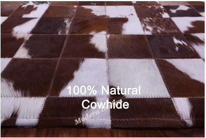 Modern Design Premium Cowhide Leather Carpet with Chevron Pattern, Area Rug (Brwon/White, 3x14)