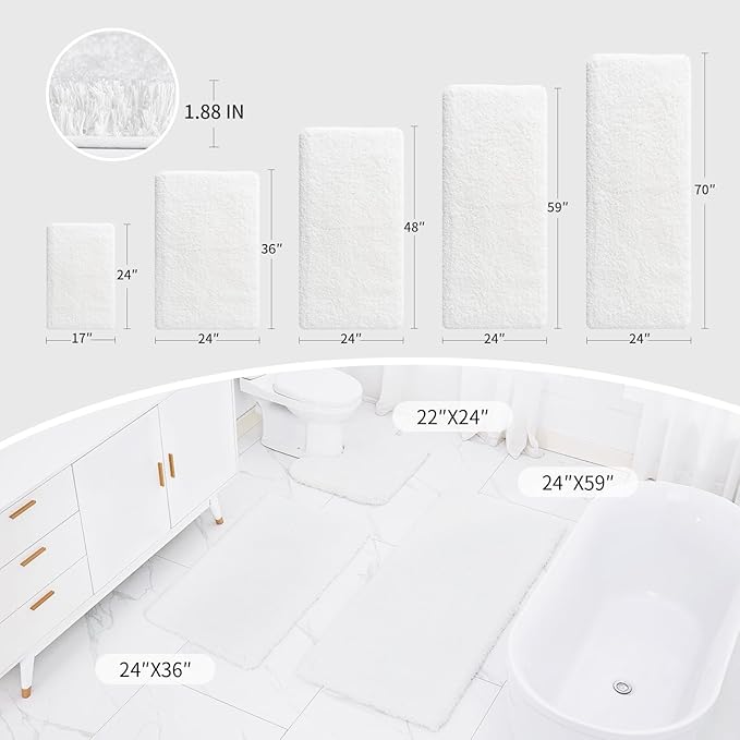 White Bathroom Runner Rug 24x59 Non Slip Fluffy Long Bath Mat for Bathroom Floor Washable Plush Luxury Bath Rug for Tub Absorbent Shower Sink Mat Bedside Rug