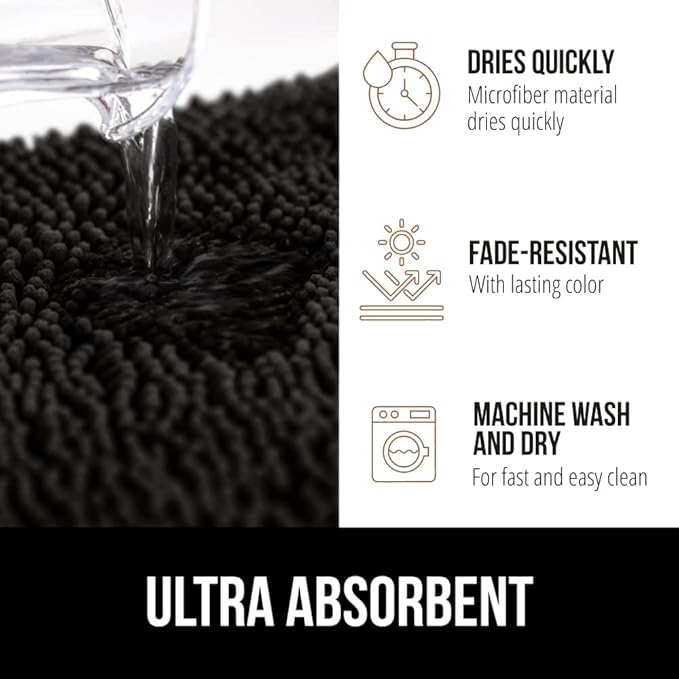 GORILLA GRIP Bath Rug Mat 48x17, Thick Soft Absorbent Chenille, Quick Dry Microfiber Mats, Rubber Backing Washable Shower Floor Rugs, Bathmat Runner, US Designed Bathroom Home Decor Accessories Black