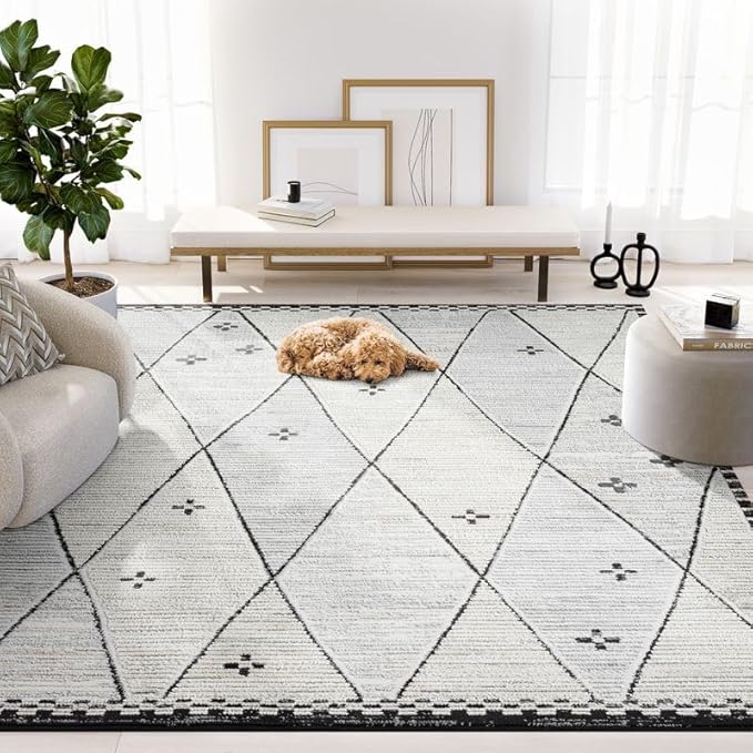 Abani Viva Cream & Grey Area Rug 6' x 9' for Living Room, Bedroom - Farmhouse Diamond Pattern - Durable & Easy to Clean