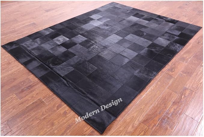 Modern Design Premium Cowhide Leather Carpet with Chevron Pattern, Area Rug (Black, 4x6)